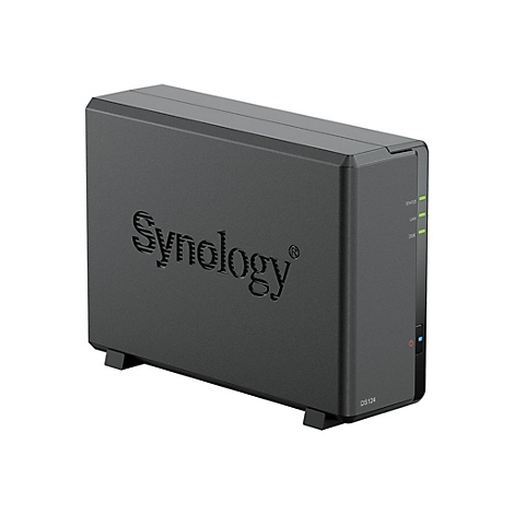Schwarzes NAS-Gerät Synology DS124; Logo und Statusanzeigen sichtbar.