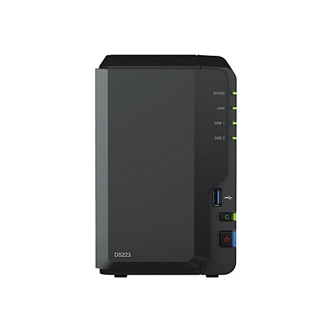Schwarzer NAS-Server mit LED-Anzeigen, USB-Anschluss und Ein/Aus-Schalter.