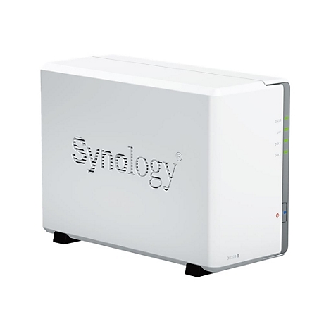 Ein weißer NAS-Server mit Synology-Logo und LED-Anzeigen.
