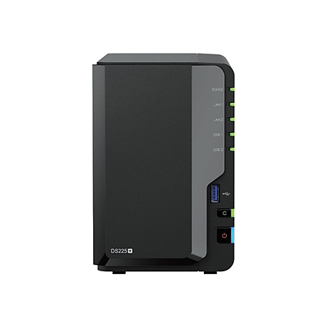 Schwarzes NAS-Gerät mit Status-LEDs, USB- und Stromanschluss. Aufschrift DS225+.