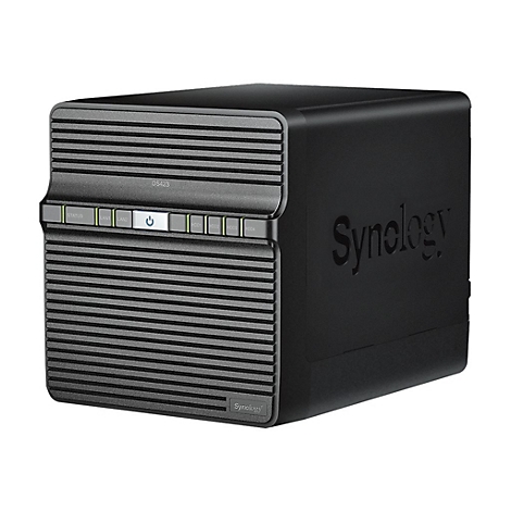 Schwarzes NAS-Gerät, Synology-Logo, Status- und LAN-Anzeigen.