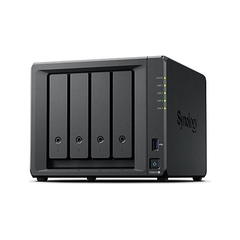 Système NAS Synology noir avec quatre baies. L'avant comporte quatre baies de disque dur. Le côté droit comporte des LED d'état et le logo Synology.