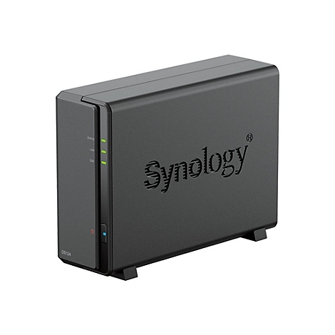 Appareil NAS noir de la marque Synology. Les LED d'état et le modèle DS124 sont visibles à l'avant.