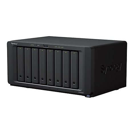 Appareil NAS noir Synology avec huit baies, indicateurs d'état et LAN. Inscription DS1823xs+.