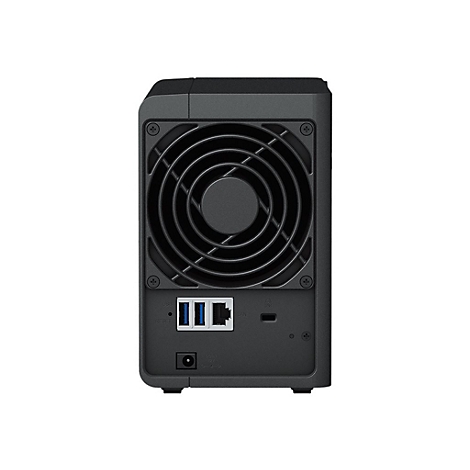 Boîtier NAS noir avec ventilateur et ports. Vue arrière avec connecteurs USB, LAN et d'alimentation.