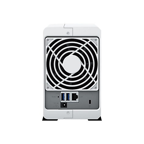 Arrière d'un serveur NAS blanc avec ventilateur, ports et étiquettes : USB, LAN, Reset et DC IN.