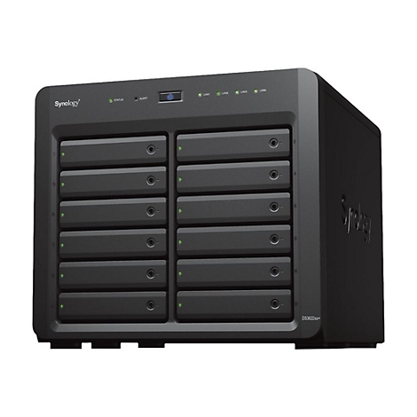 Système NAS noir avec 12 baies. Des indicateurs d'état et le logo Synology sont en haut. Inscription : DS3622xs+.