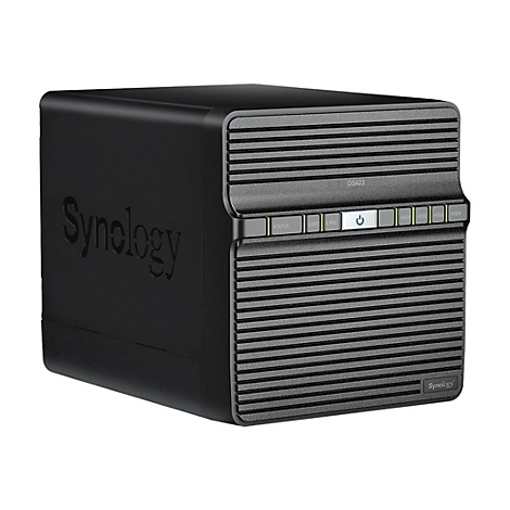 Appareil NAS Synology DS423 noir. Façade avec boutons de commande, indicateurs LED et fentes d'aération. Logo Synology à droite.