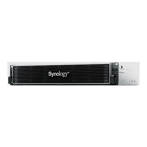 Un appareil NAS gris avec le logo Synology sur fond blanc. L'appareil dispose d'ouvertures de ventilation et d'un bouton d'alimentation.