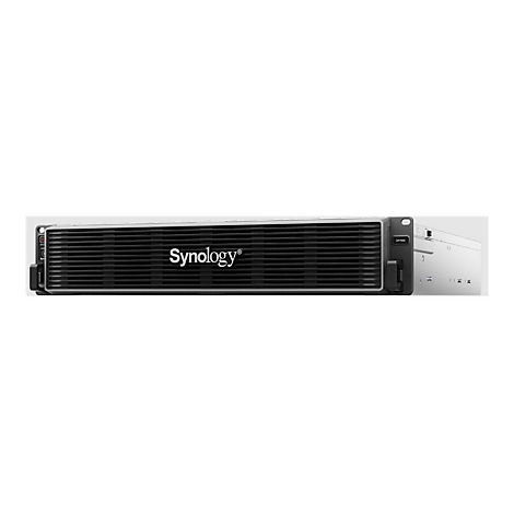 Un serveur NAS Synology avec une façade noire et un logo.