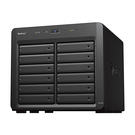 Ein schwarzes Synology DX1222 NAS-Gehäuse mit 12 Einschüben, Status- und Alert-Anzeigen. Das Gerät steht vor weißem Hintergrund.
