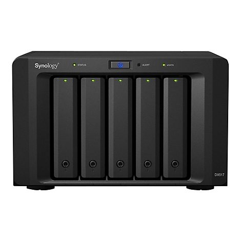 Appareil NAS noir avec cinq baies, LED vertes et logo Synology.