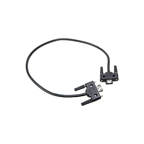 Un câble de données noir avec deux connecteurs USB. Le câble et les connecteurs sont sur fond blanc.