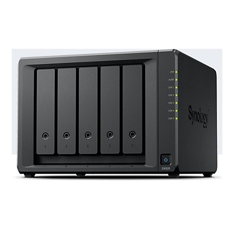 Schwarzes NAS-System mit fünf Einschüben, Synology-Logo und Leuchten für Statusanzeigen.
