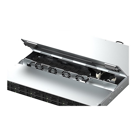 Ein Server mit geöffneter Klappe, Innenleben mit Lüftern, Kabeln und elektronischen Bauteilen. Auf hellem Hintergrund.