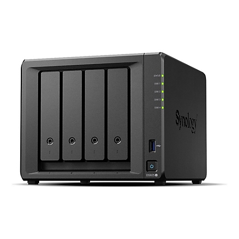 Système NAS noir avec quatre baies. Les LED d'état et la marque "Synology" sont visibles sur la droite.