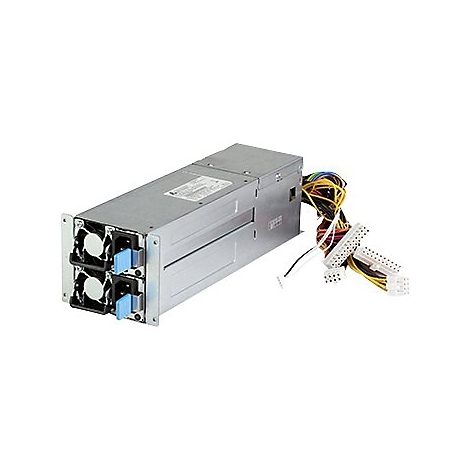 Ein silbernes Netzteil mit Lüftern, Kabeln und Steckern. Vorderseite mit zwei Kühlern, blaue Elemente.