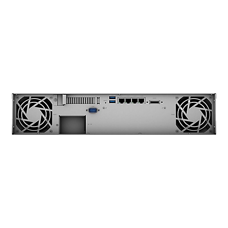 RÃ¼ckansicht eines Servers mit LÃ¼ftern, AnschlÃ¼ssen und AnschlÃ¼ssen.