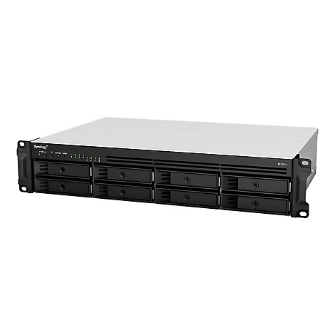 Ein schwarzes NAS-System mit acht EinschÃ¼ben fÃ¼r Festplatten. Oben silberfarben, vorne Bedienelemente.
