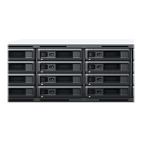 Mehrere schwarze Laufwerksschächte mit Einschüben und Kontrollleuchten, weißer Deckel.