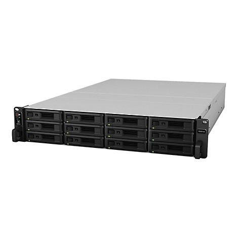 Ein graues NAS-Server-Rack mit 12 FestplattenschÃ¤chten. Details: Schwarze Blenden, grÃ¼ne LEDs.