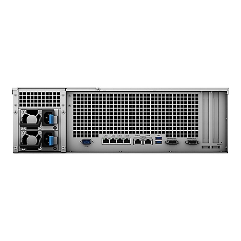 RÃ¼ckseite eines Servers mit LÃ¼ftern, AnschlÃ¼ssen und Gittern.