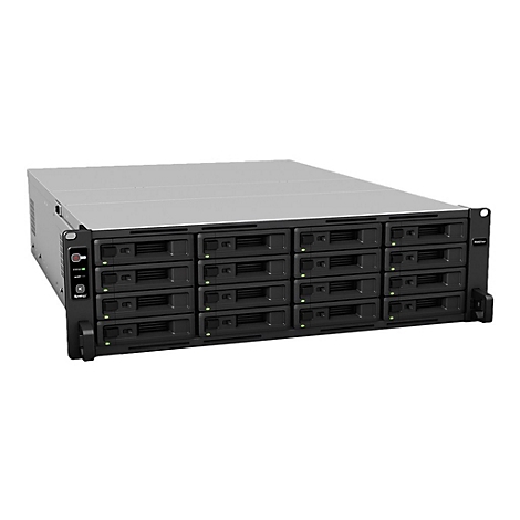 Ein Server-Rack mit 12 EinschÃ¼ben fÃ¼r Festplatten. Graues GehÃ¤use, schwarze LaufwerksschÃ¤chte.