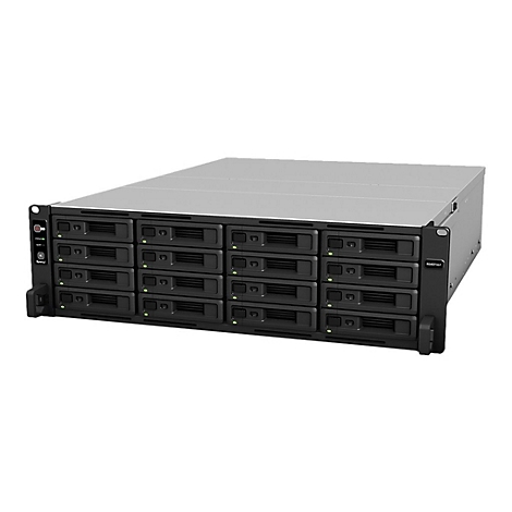 Ein ServergehÃ¤use mit mehreren EinschÃ¼ben fÃ¼r Festplatten, grau-schwarz. Die Vorderseite mit EinschÃ¼ben, rechts und links schwarze Halterungen.