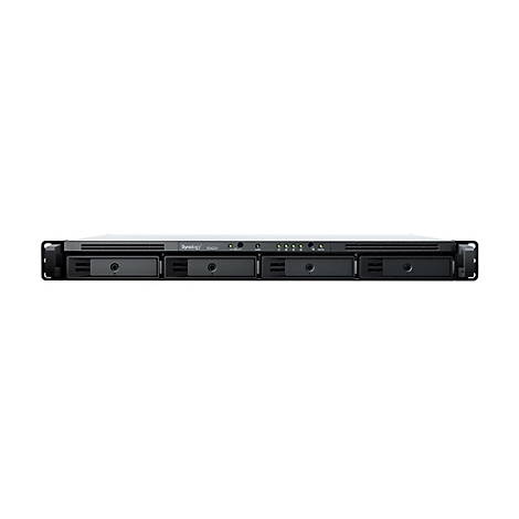 Ein schwarzes Synology RS422+ Rackmount NAS-Gerät vor weißem Hintergrund. Es hat mehrere Einschübe für Festplatten und Kontrollleuchten.