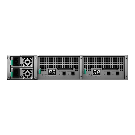 Ein grauer, rechteckiger Server mit LÃ¼ftern, AnschlÃ¼ssen und Digitalanzeigen. KÃ¼hlelemente und SteckplÃ¤tze.