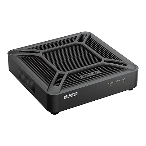 Schwarzer Synology VS600HD Videorecorder. Oberseite mit Lüftungsschlitzen, vorne drei grüne LEDs für Strom, Status, LAN.