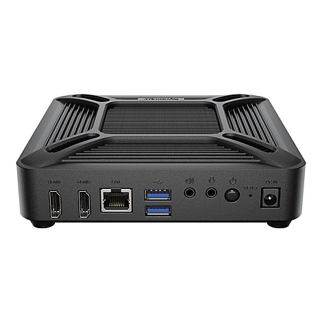 Schwarzer Mini-PC mit AnschlÃ¼ssen fÃ¼r HDMI, USB, Ethernet, Audio und Stromanschluss.