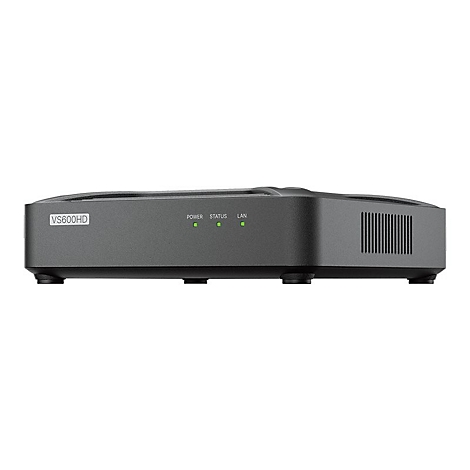 Dunkelgraues GerÃ¤t VS600HD mit drei grÃ¼nen Leuchten: Power, Status, LAN. Schwarze FÃ¼ÃŸe, LÃ¼ftungsschlitze rechts.
