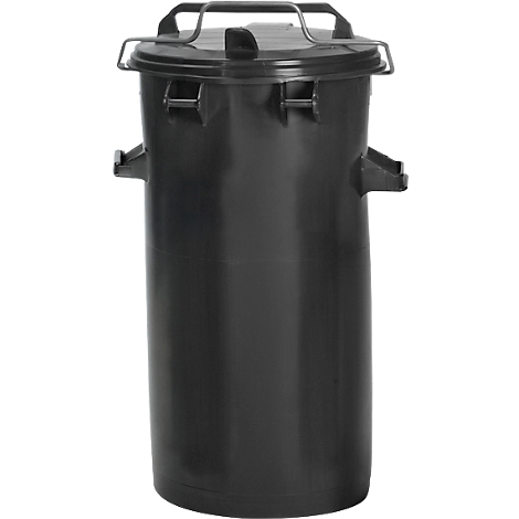 Zwarte, cilindrische afvalbak van kunststof met deksel en een metalen beugel.