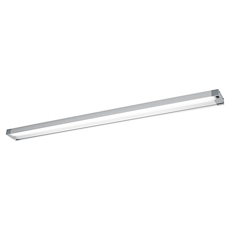 Een langwerpig, zilverkleurig LED-licht ligt diagonaal op een witte achtergrond. De lichtbron is helder en de behuizing is metaal.