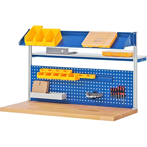 Workbench with blue shelves, yellow containers, and tools. Wooden tabletop.