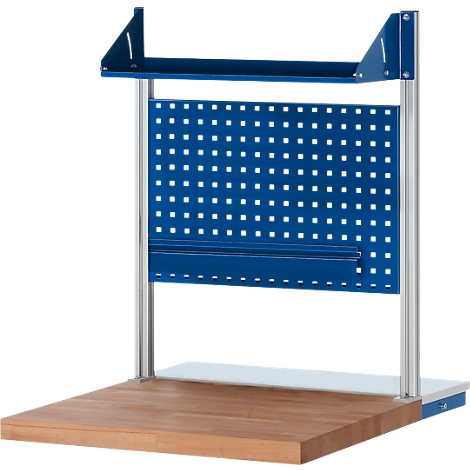 Workbench with blue pegboard, wooden top and metal frame.