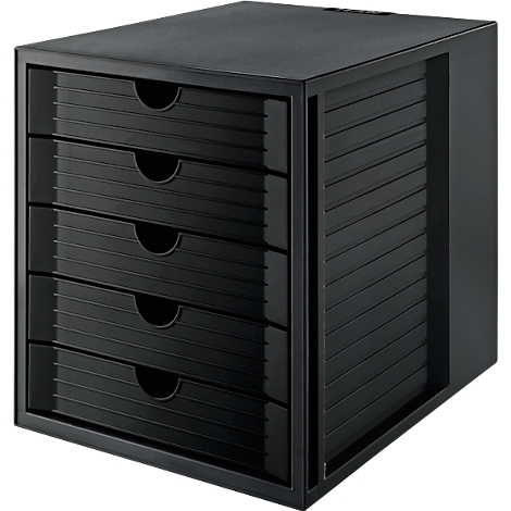 Black drawer system with five drawers. The drawers have curved handles and are stacked.