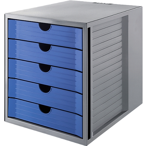 Grey filing cabinet with five blue drawers, on a white background.