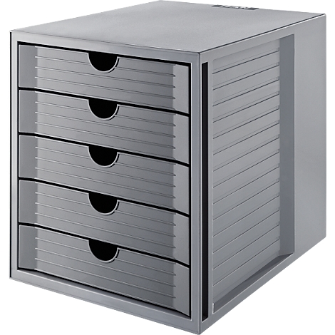 Gray office container with five drawers and a ribbed side panel.