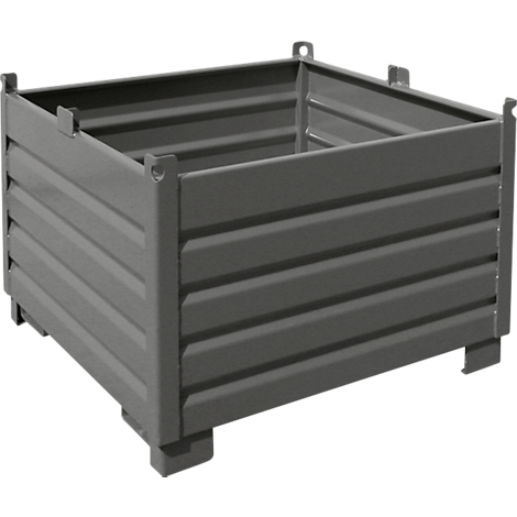 Conteneur de transport en métal gris, de forme cubique, avec des parois latérales nervurées et des pieds.