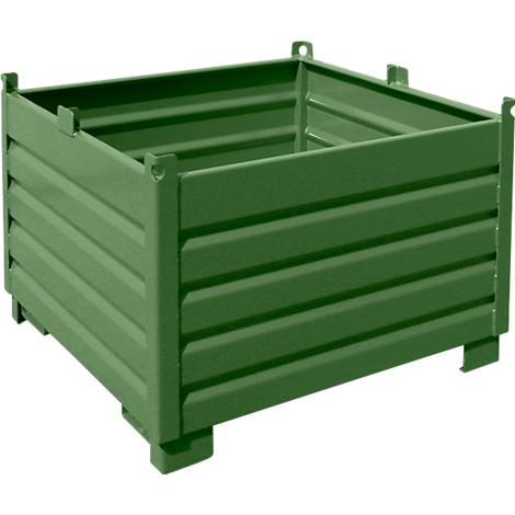 Conteneur métallique vert avec rainures horizontales et pieds carrés.