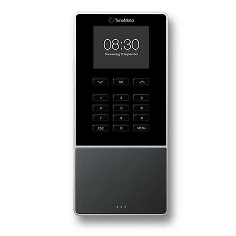 Dispositif d'enregistrement du temps noir avec clavier et écran. L'heure 08:30 et la date sont visibles.