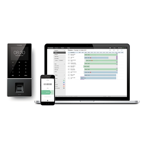 Système d'enregistrement du temps avec lecteur d'empreintes digitales, ordinateur portable et smartphone. Un calendrier est affiché sur l'ordinateur portable et un chronomètre sur le smartphone.