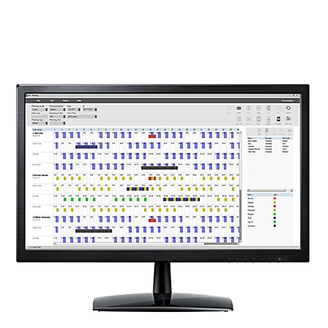 Moniteur affichant un tableau d'horaire, avec des barres colorées. Le moniteur est noir et possède un pied.