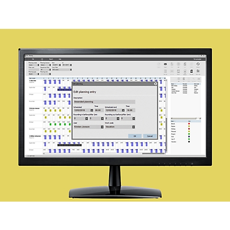 Moniteur affichant un logiciel de planification, une fenêtre s'ouvre. Le tableau affiche la date, l'heure et les options de modification des rendez-vous.