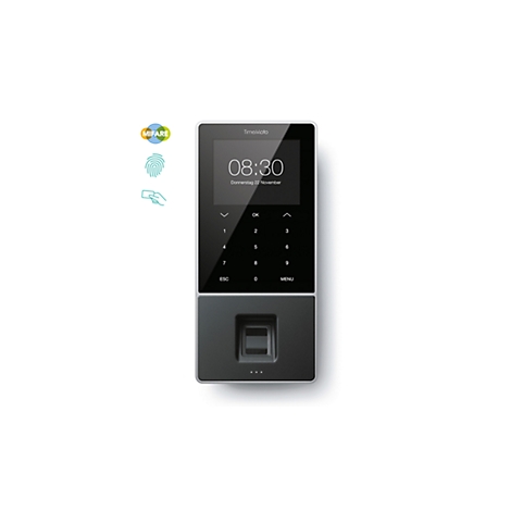 Appareil d'enregistrement du temps noir et gris avec écran et clavier. Icônes en haut à gauche pour paiement sans contact, empreinte digitale et carte.