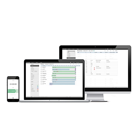 Trois appareils affichent une interface logicielle : smartphone avec minuterie, ordinateur portable et moniteur avec diagrammes.