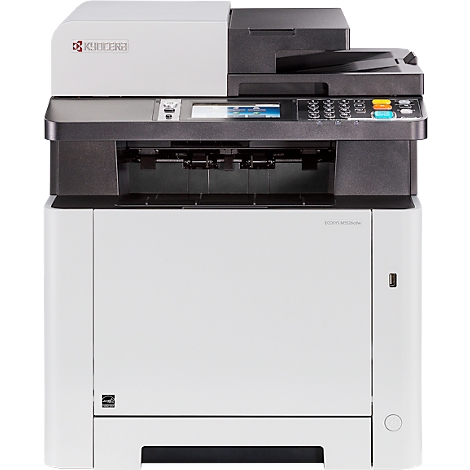 Une imprimante multifonction Kyocera blanche et noire. L'appareil est un appareil de bureau avec un panneau de commande et un bac à papier.