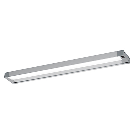 Eine längliche, rechteckige LED-Leuchte in Silber, an der einen Seite mit einem kleinen Schalter.